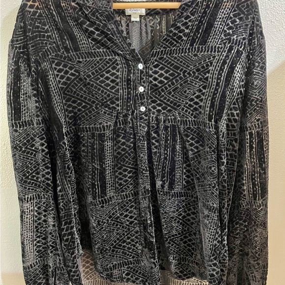 Dylan Black Semi Sheer Burnout Blouse Large Long Sleeve Boho Top Artsy Lagenlook - Picture 1 of 16